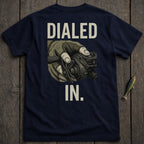 Navy t-shirt with "DIALED IN." and hand holding fishing reel.