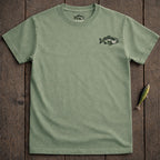 Green t-shirt with embroidered largemouth bass logo on chest.
