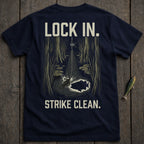 Dark t-shirt with text "LOCK IN. STRIKE CLEAN." and fishing illustration.