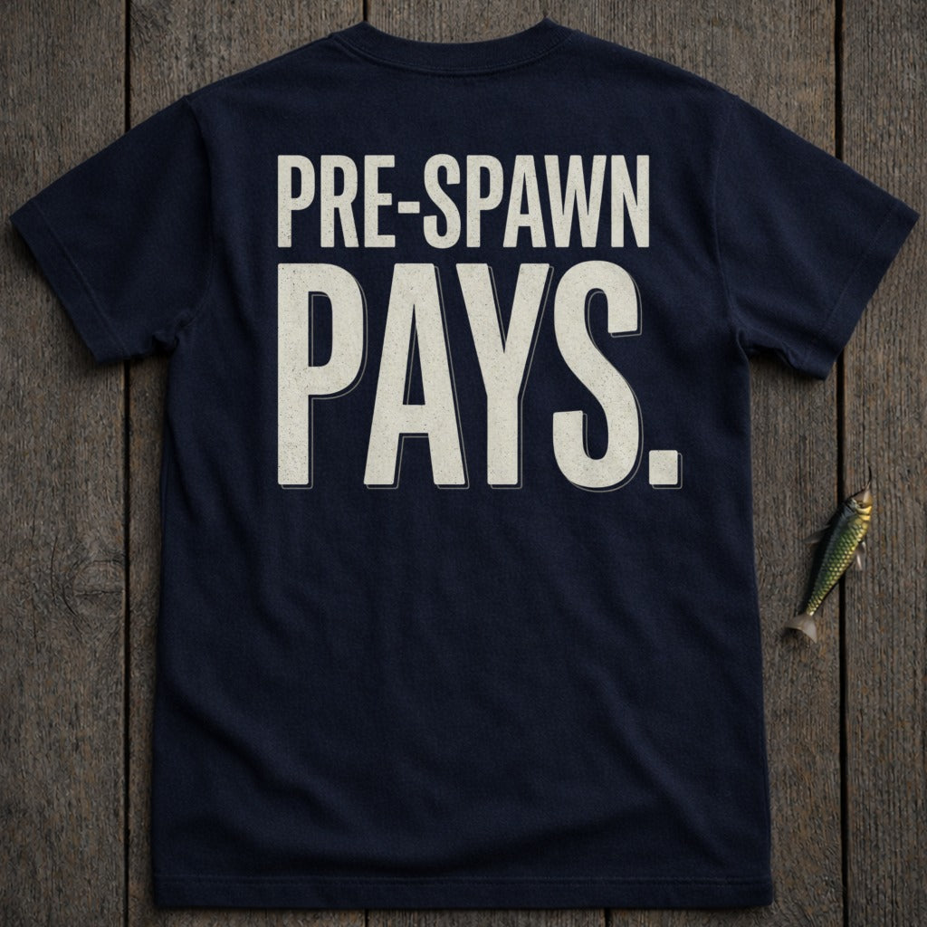 Navy t-shirt with white text reading "PRE-SPAWN PAYS."