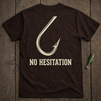 Brown t-shirt with a fishing hook graphic and "NO HESITATION" text.