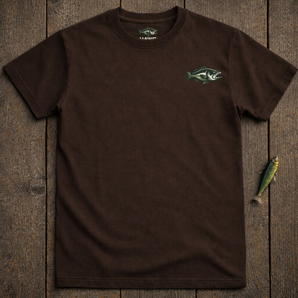 Brown t-shirt with a green bass fish logo on the left chest.