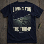 Dark navy t-shirt with a fishing graphic and text "LIVING FOR THE THUMP".