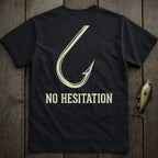 Black t-shirt with a large fishing hook graphic and "NO HESITATION" text.