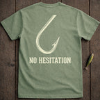Green t-shirt with a large fishing hook graphic and the text "NO HESITATION".