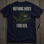 Navy t-shirt with bass and text "NOTHING HIDES FOREVER."