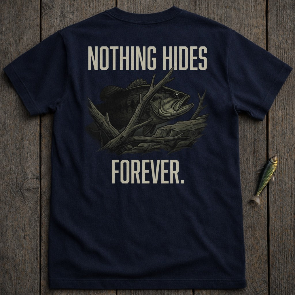 Navy t-shirt with bass and text "NOTHING HIDES FOREVER."