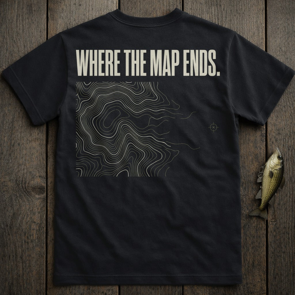 Black t-shirt with topographical map graphic and "WHERE THE MAP ENDS" text.