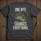 Dark t-shirt with bass fishing graphic and text "ONE BITE CHANGES EVERYTHING."