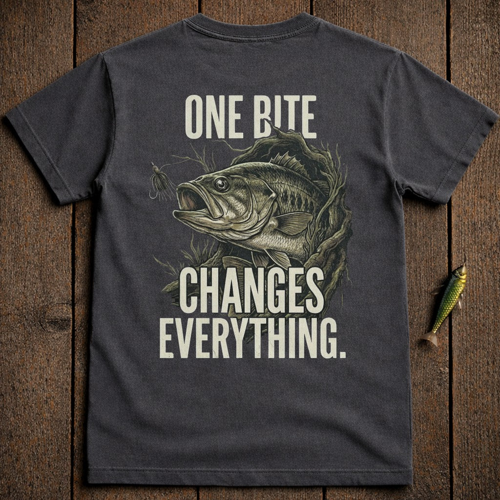 Dark t-shirt with bass fishing graphic and text "ONE BITE CHANGES EVERYTHING."