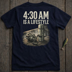 Navy t-shirt with "4:30 AM IS A LIFESTYLE" text and fishing gear graphic.