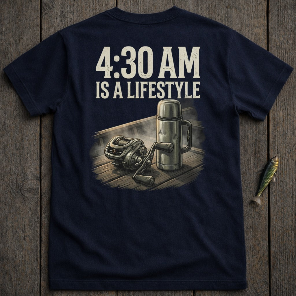 Navy t-shirt with "4:30 AM IS A LIFESTYLE" text and fishing gear graphic.
