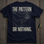 Navy t-shirt with "The Pattern Or Nothing." and a topographic map design.