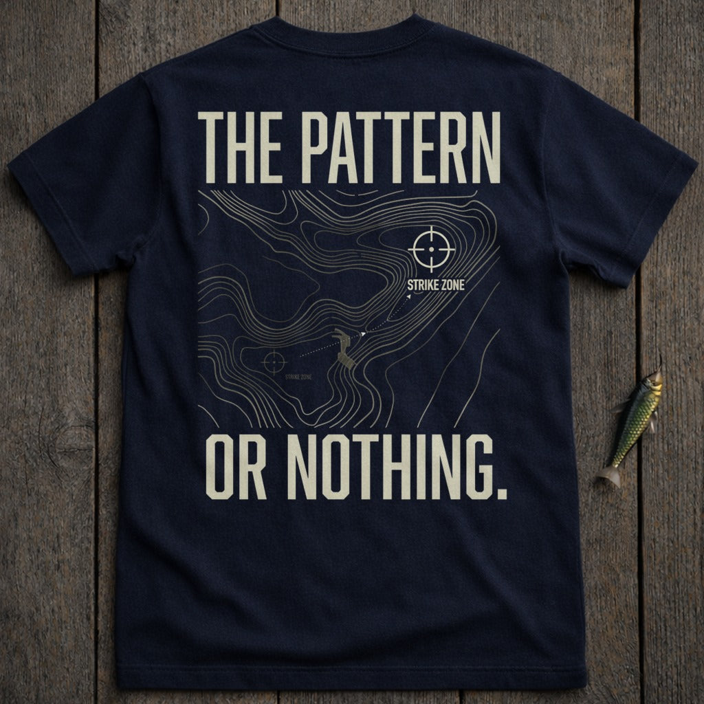 Navy t-shirt with "The Pattern Or Nothing." and a topographic map design.