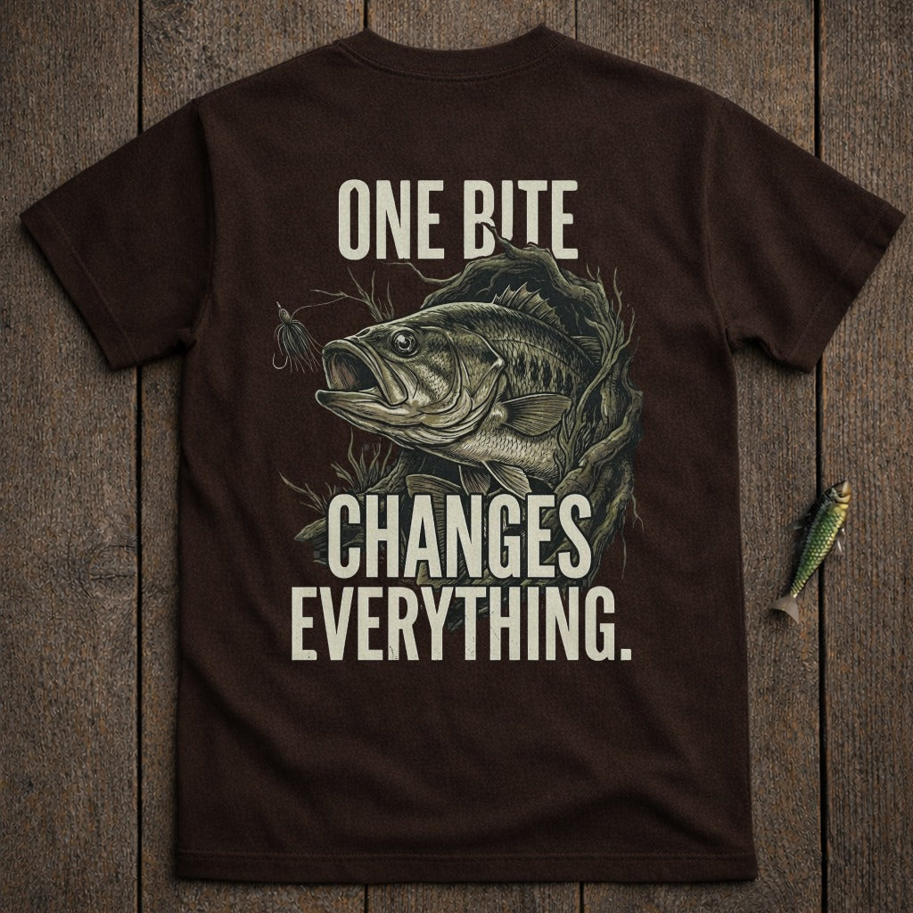 Brown t-shirt with a largemouth bass and "ONE BITE CHANGES EVERYTHING." text.