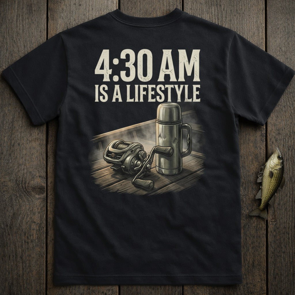Black t-shirt with "4:30 AM IS A LIFESTYLE" and fishing reel graphic.