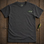 Charcoal t-shirt with a small bass fish graphic on the left chest.