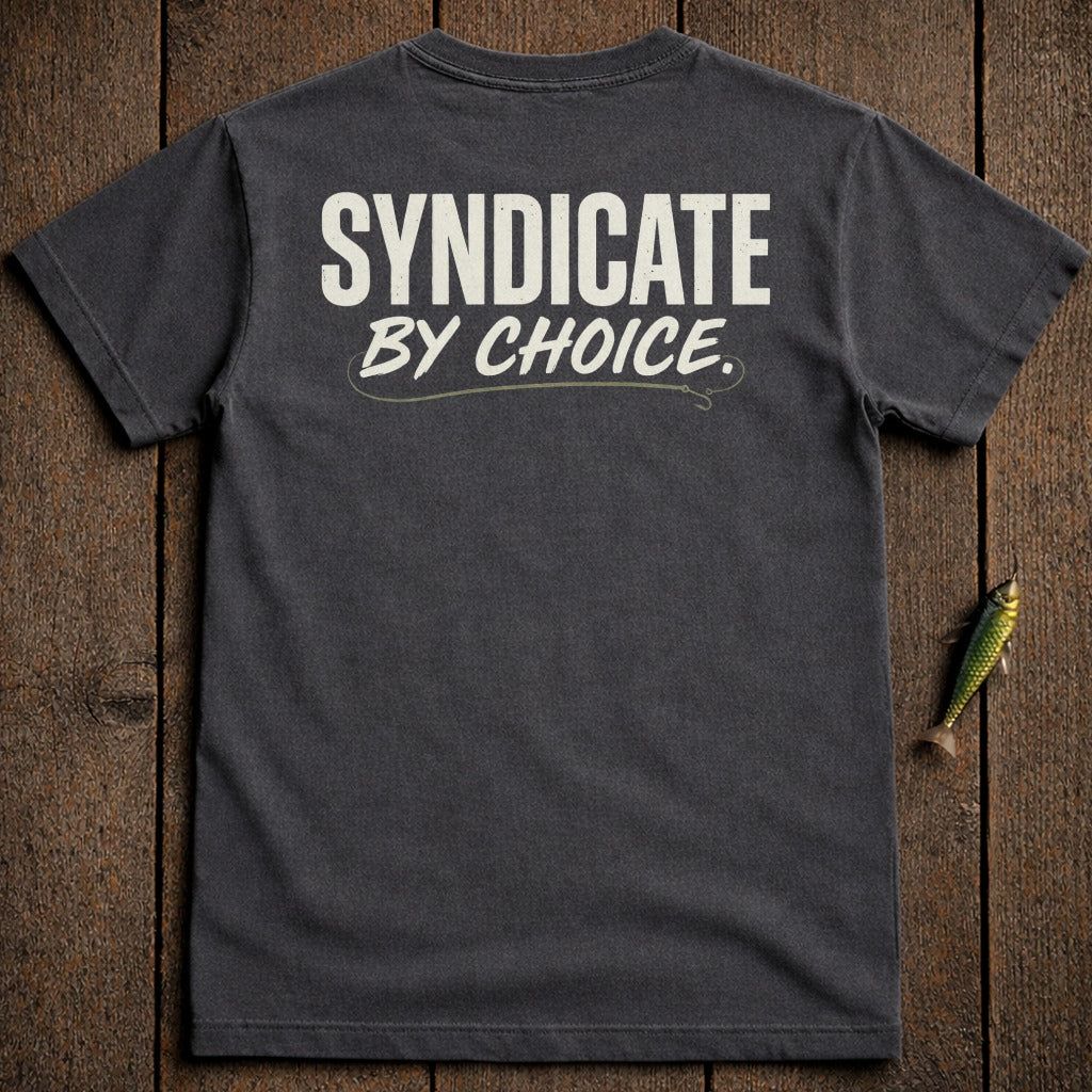 Dark t-shirt with "SYNDICATE BY CHOICE" and a fishing rod graphic.