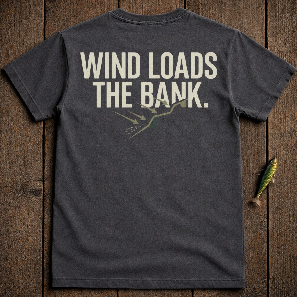 Dark gray t-shirt with "WIND LOADS THE BANK." text and a fishing graphic.