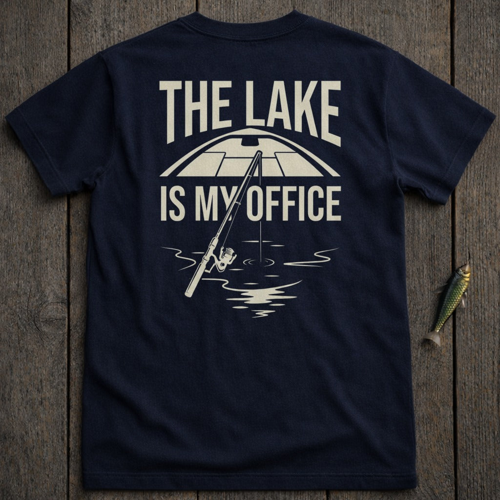 Dark blue t-shirt with text "The Lake Is My Office" and a fishing rod.
