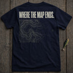 Navy t-shirt with topographic map design and "WHERE THE MAP ENDS." text.