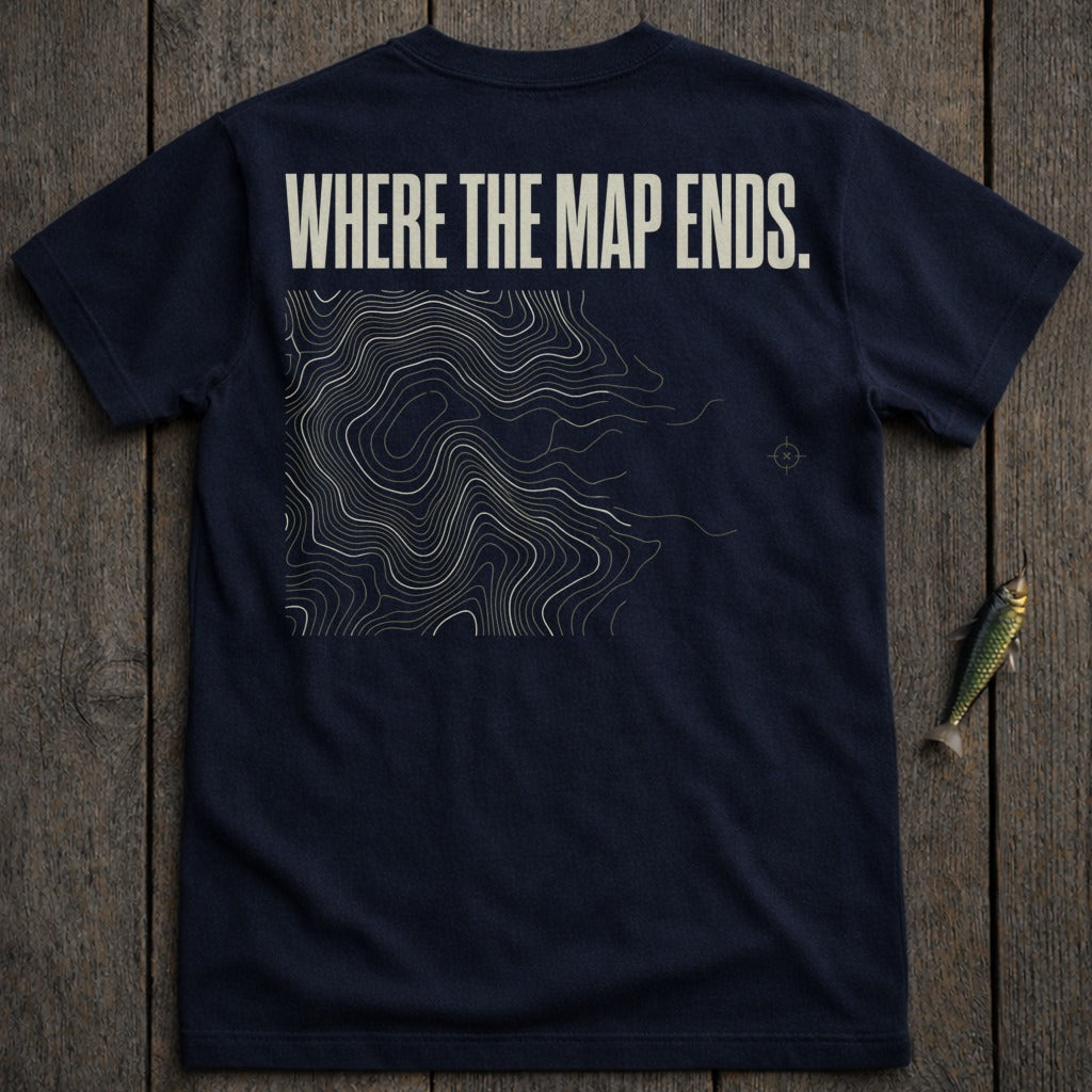 Navy t-shirt with topographic map design and "WHERE THE MAP ENDS." text.