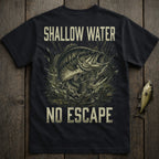 Black t-shirt with a largemouth bass jumping from water, "SHALLOW WATER NO ESCAPE" text.
