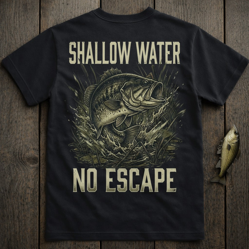 Black t-shirt with a largemouth bass jumping from water, "SHALLOW WATER NO ESCAPE" text.