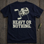 Navy t-shirt with a fishing reel graphic and the text "HEAVY OR NOTHING."
