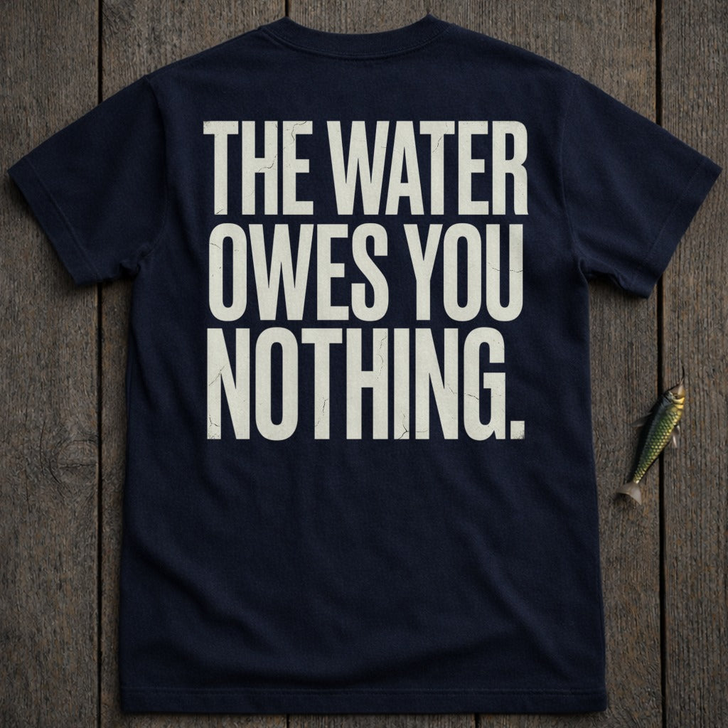 Navy t-shirt with white text reading "THE WATER OWES YOU NOTHING."