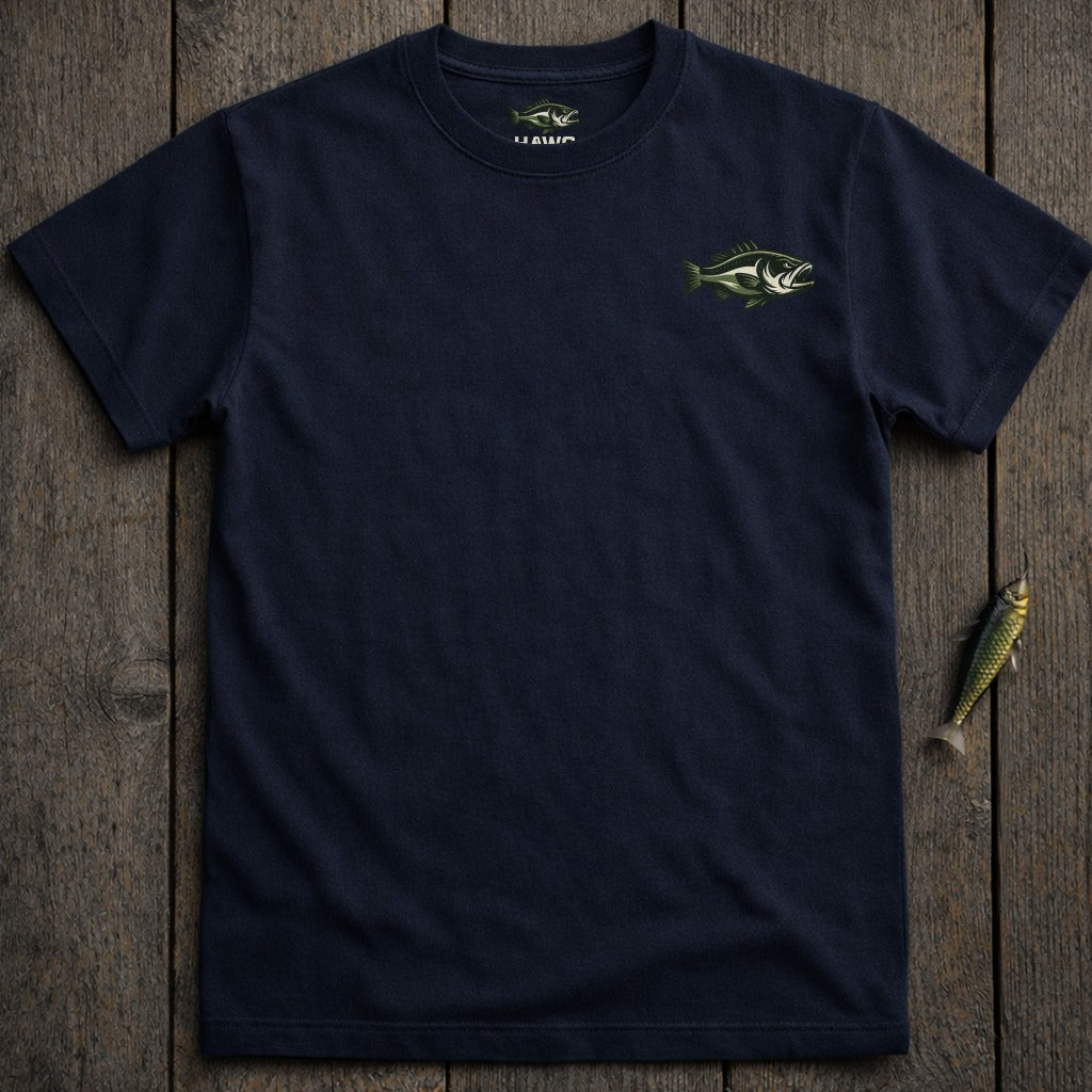 Navy t-shirt with embroidered green and yellow fish graphic on left chest.