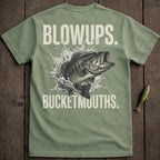 Green t-shirt with a bass jumping from water, "BLOWUPS. BUCKETMOUTHS." text.