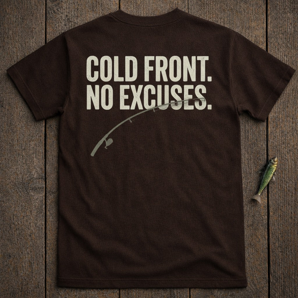 Brown t-shirt with "COLD FRONT. NO EXCUSES." and a fishing rod graphic.