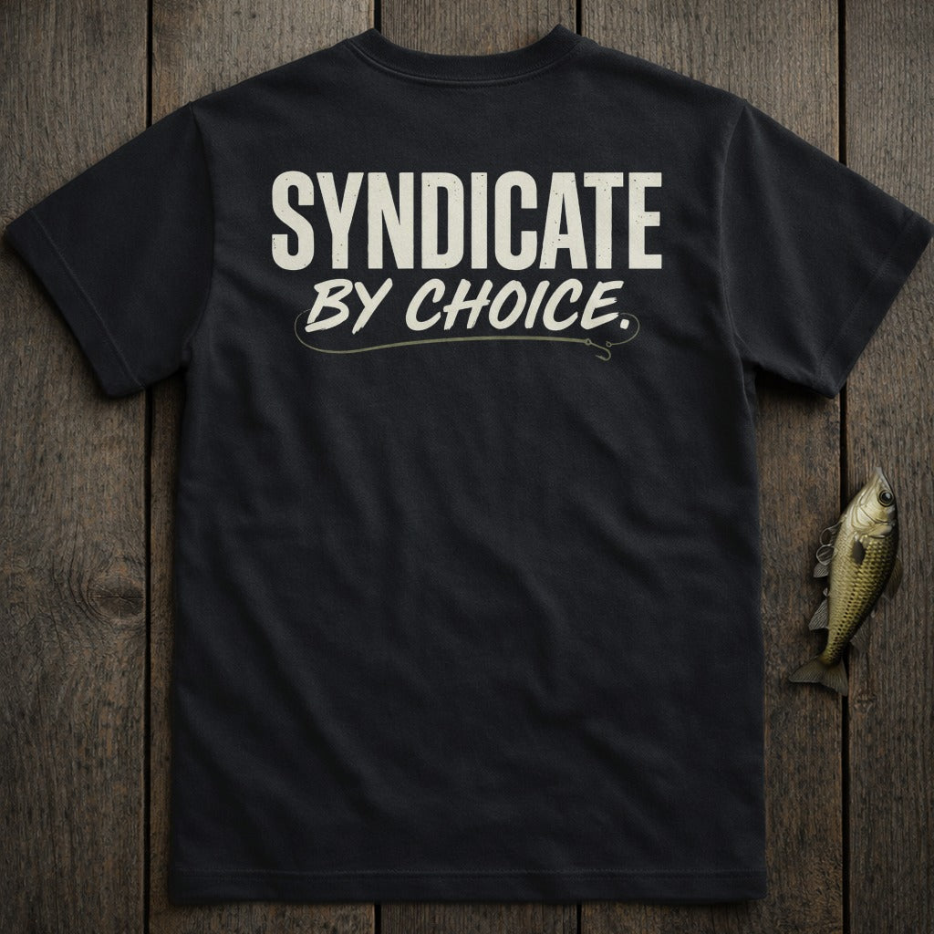Black t-shirt with "SYNDICATE BY CHOICE." in white text.