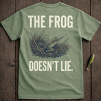 Green t-shirt with frog fishing graphic and text "The Frog Doesn't Lie".