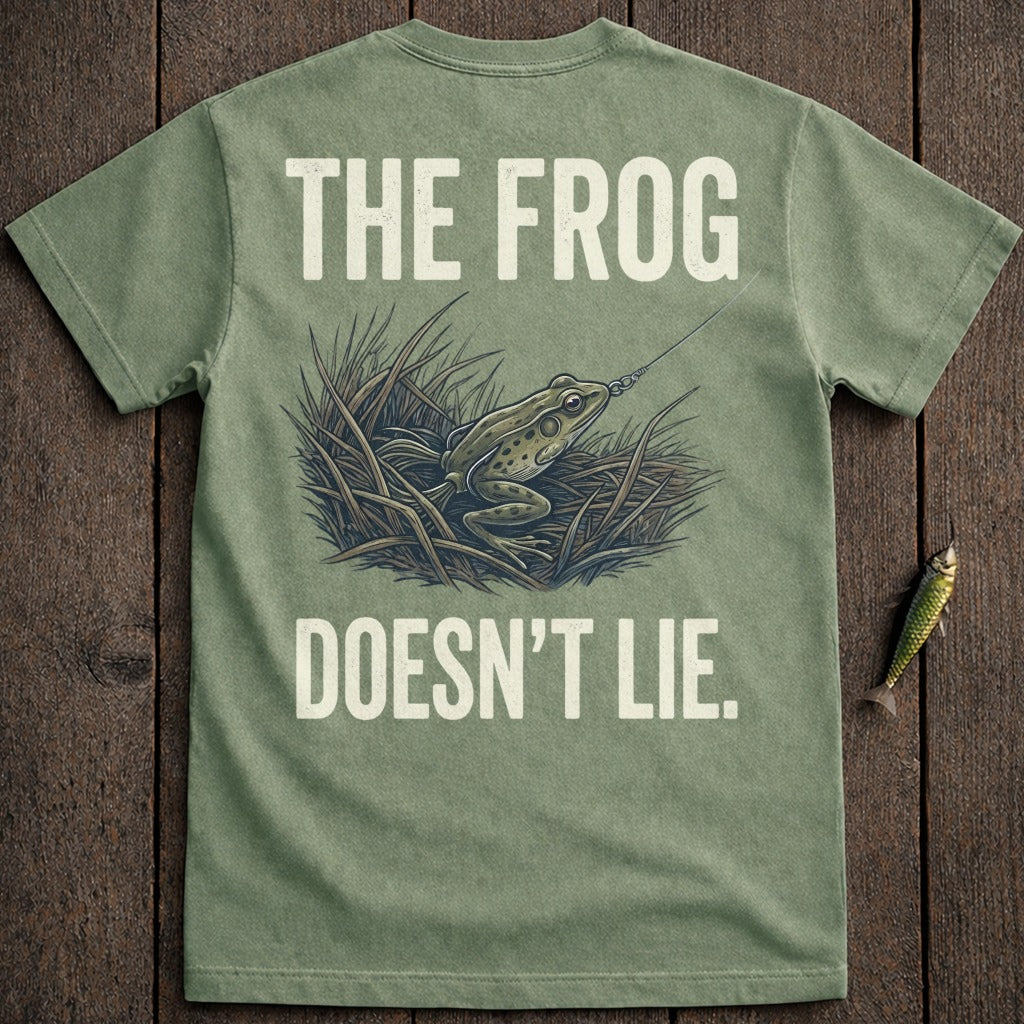 Green t-shirt with frog fishing graphic and text "The Frog Doesn't Lie".