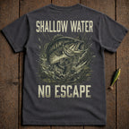 Dark t-shirt with bass jumping from water, "Shallow Water No Escape" text.