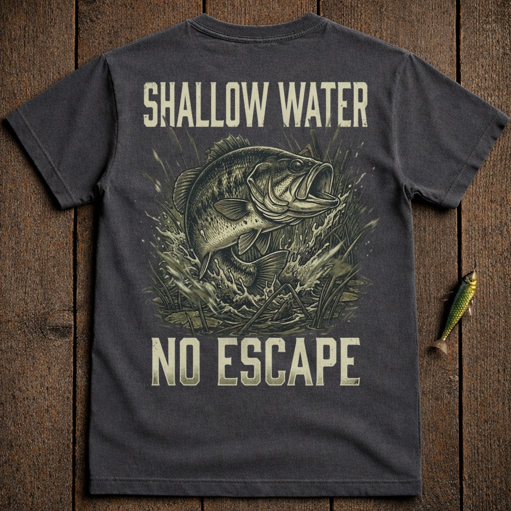 Dark t-shirt with bass jumping from water, "Shallow Water No Escape" text.