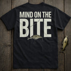 Black t-shirt with "Mind on the Bite" and a fishing lure graphic.