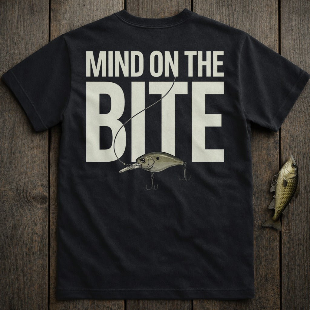 Black t-shirt with "Mind on the Bite" and a fishing lure graphic.