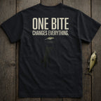 Black t-shirt with "ONE BITE CHANGES EVERYTHING" and fish graphic.