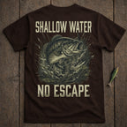 Brown t-shirt with bass jumping from water, "Shallow Water No Escape".