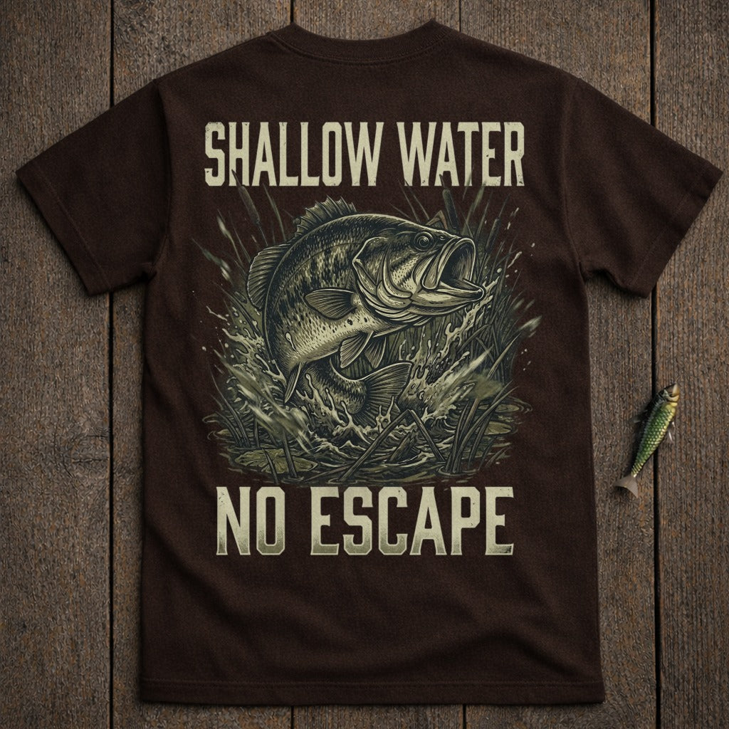 Brown t-shirt with bass jumping from water, "Shallow Water No Escape".