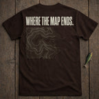 Brown t-shirt with topographic map graphic and "WHERE THE MAP ENDS." text.