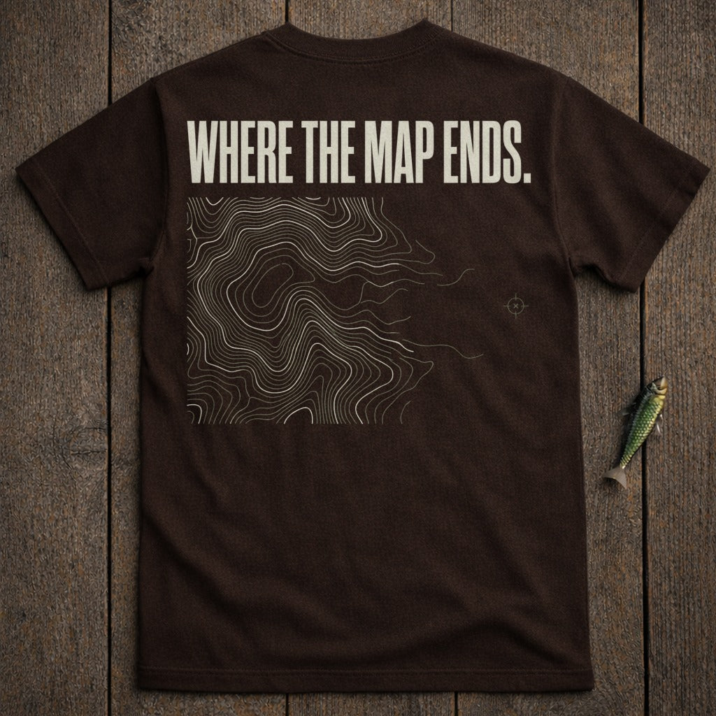 Brown t-shirt with topographic map graphic and "WHERE THE MAP ENDS." text.