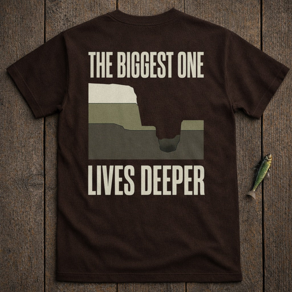 Brown t-shirt with "THE BIGGEST ONE LIVES DEEPER" text and geological layers illustration.