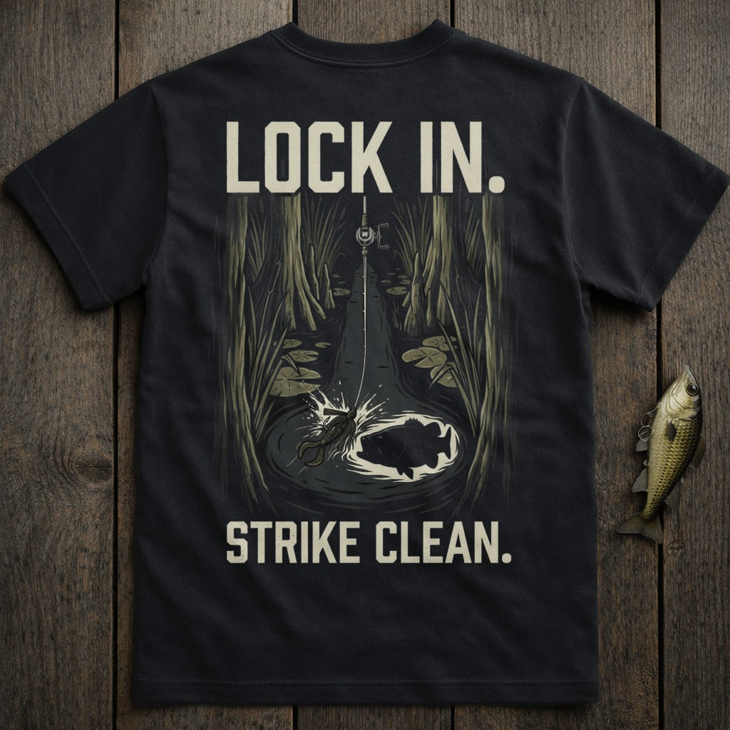 Black t-shirt with "LOCK IN. STRIKE CLEAN." and fishing scene.