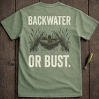 T-shirt with "BACKWATER OR BUST" text and a boat graphic.