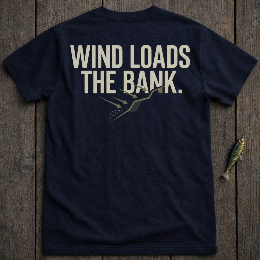 Navy t-shirt with "WIND LOADS THE BANK" text and a graphic of birds flying over fish.