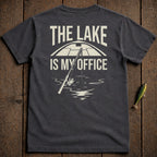 Dark t-shirt with "THE LAKE IS MY OFFICE" and fishing graphic.